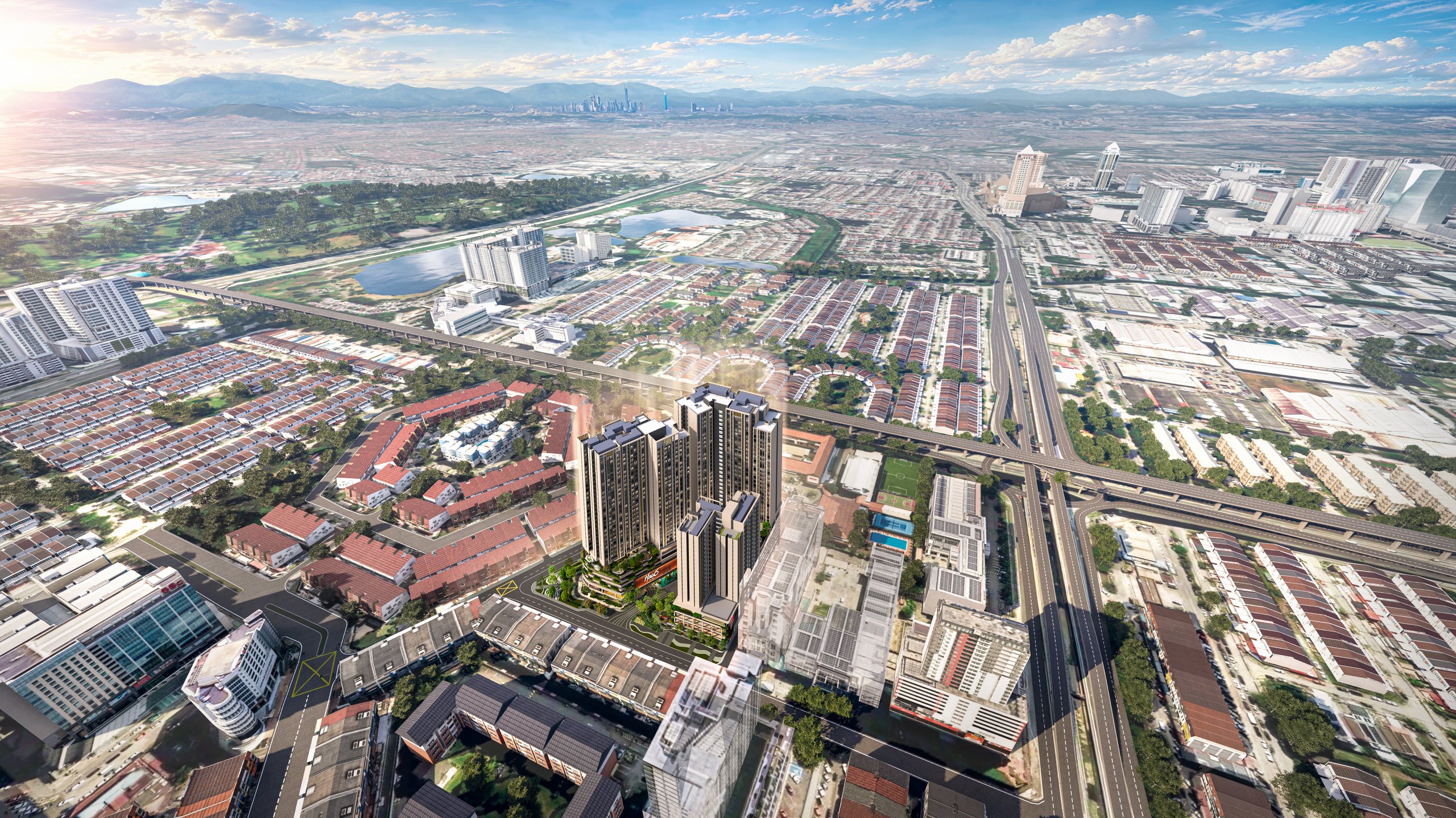Composite aerial view over Subang Jaya looking towards Kuala Lumpur, with Haus on 15 drawn into the neighbourhood. Artist's impression.