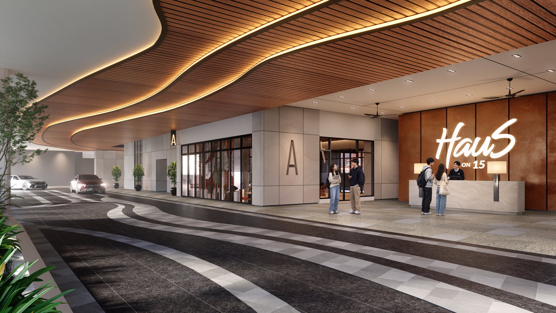The drop-off at Haus on 15, under a curving timber canopy beside the lobby entrance. Artist's impression.