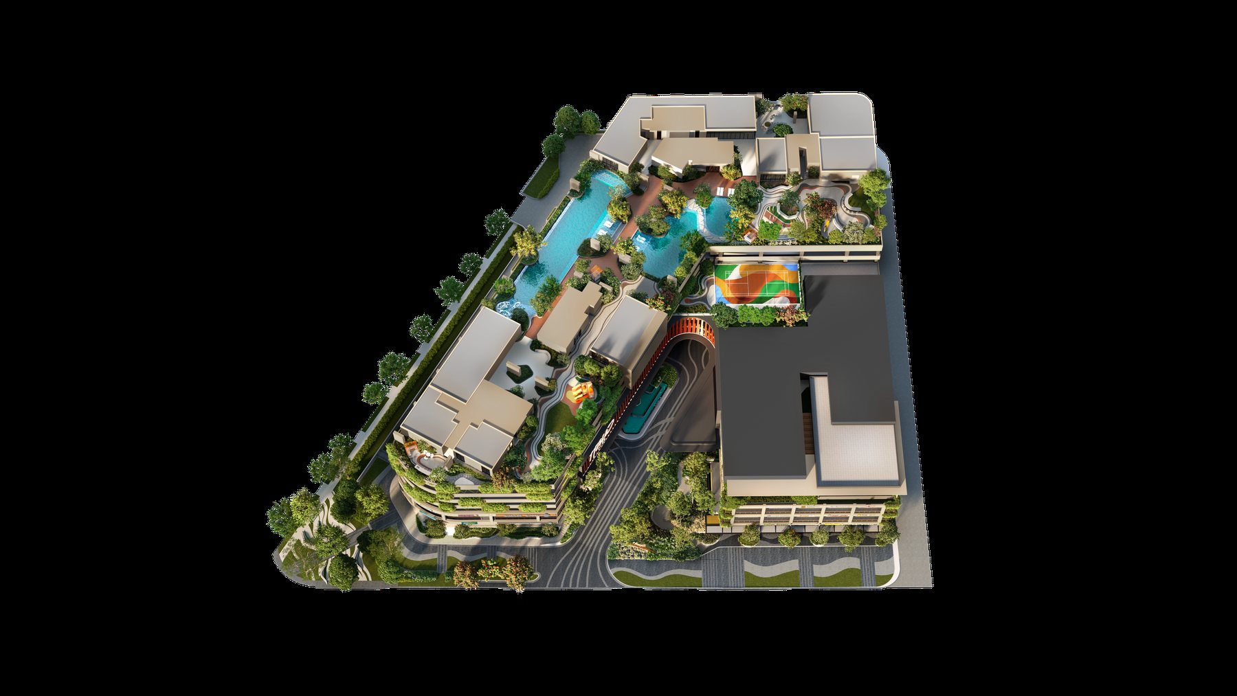 The facilities floor from above, showing the pools, gardens, court and the two towers. Artist's impression.