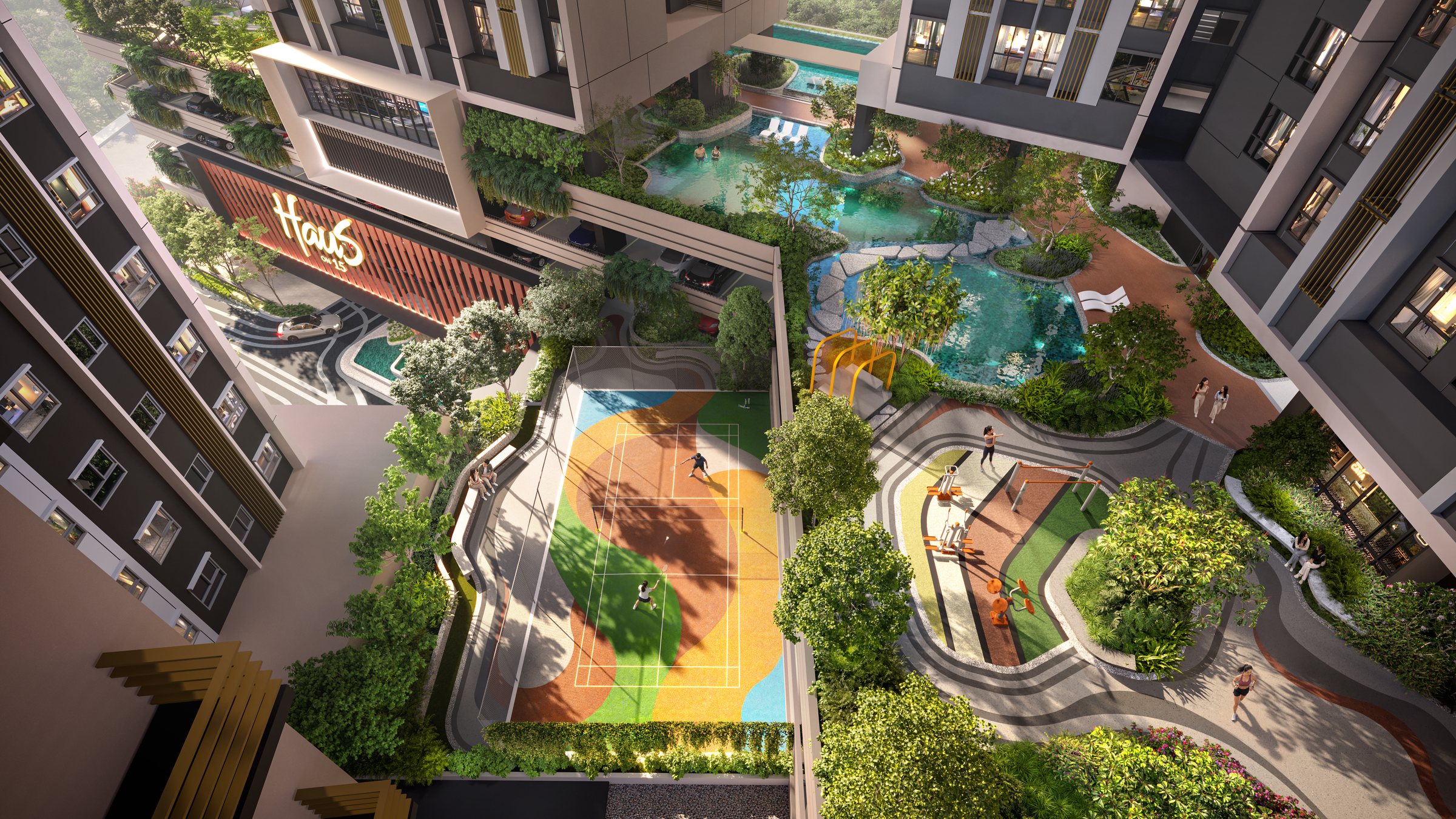 Level 7 from above: pools, lawns, a court and planting between the towers. Artist's impression.
