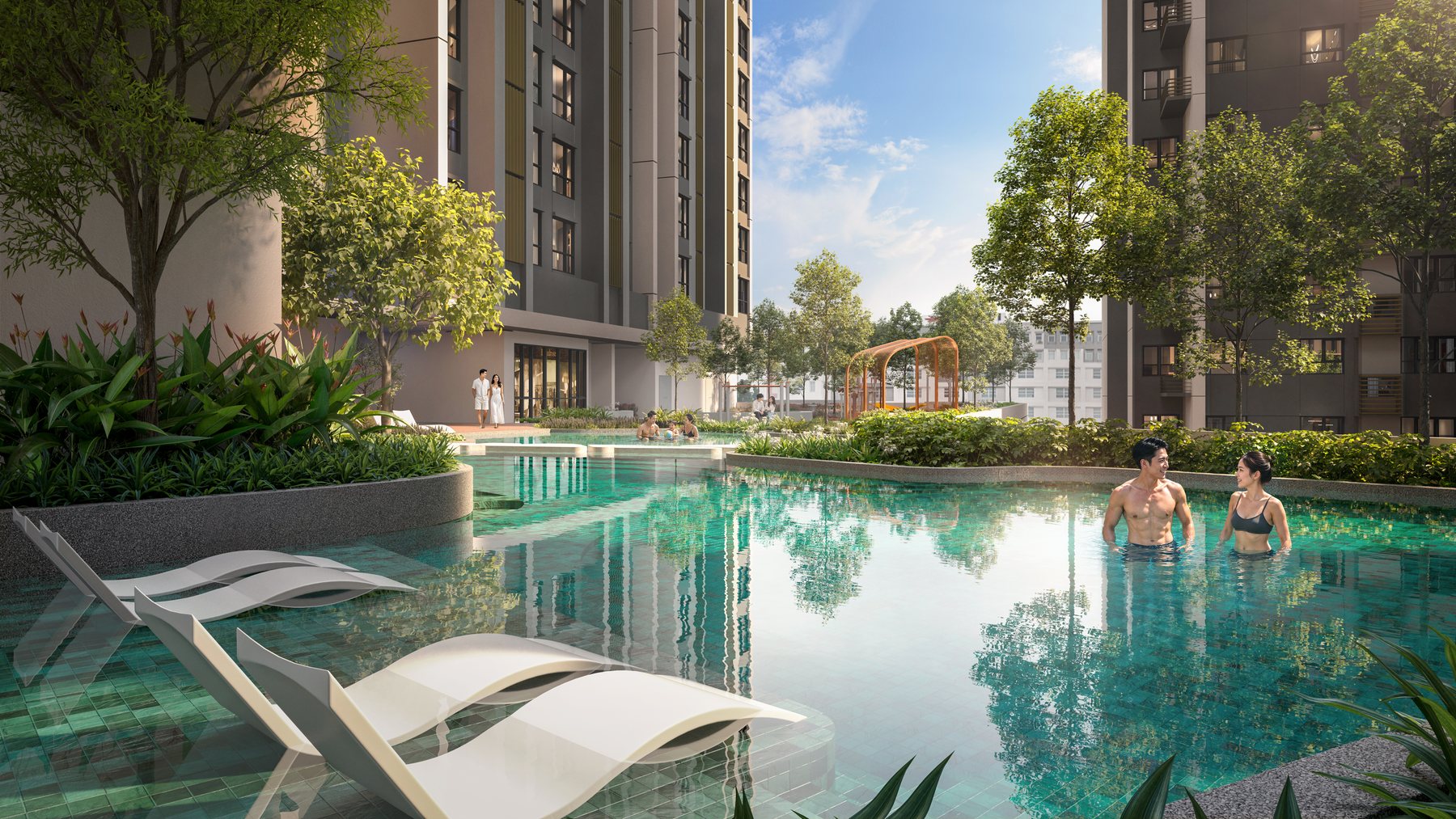 The leisure pool on Level 7 by day, with loungers and planting. Artist's impression.
