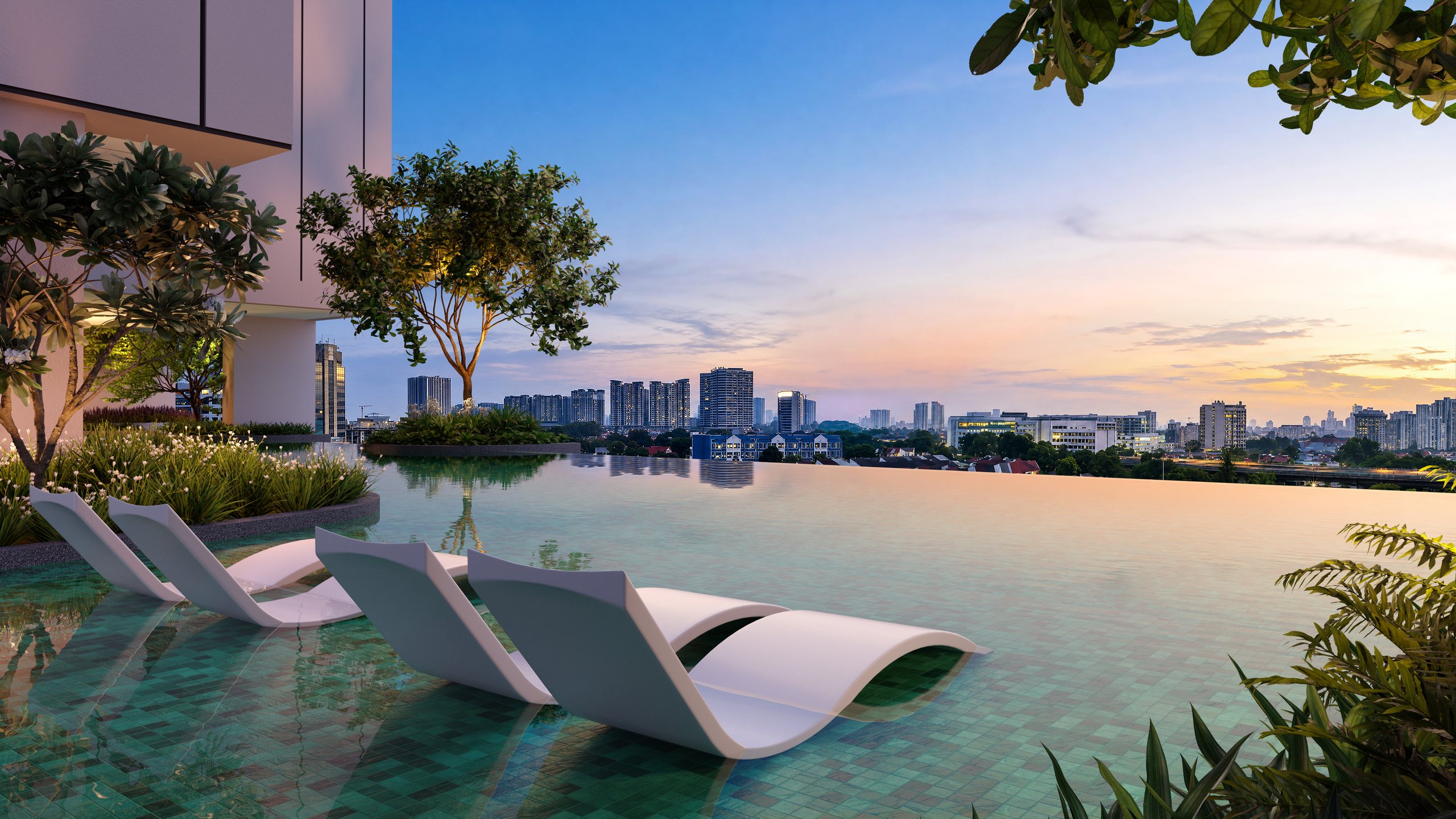 The Level 7 pool at Haus on 15 at dusk, loungers in the water and the Subang Jaya skyline beyond. Artist's impression.