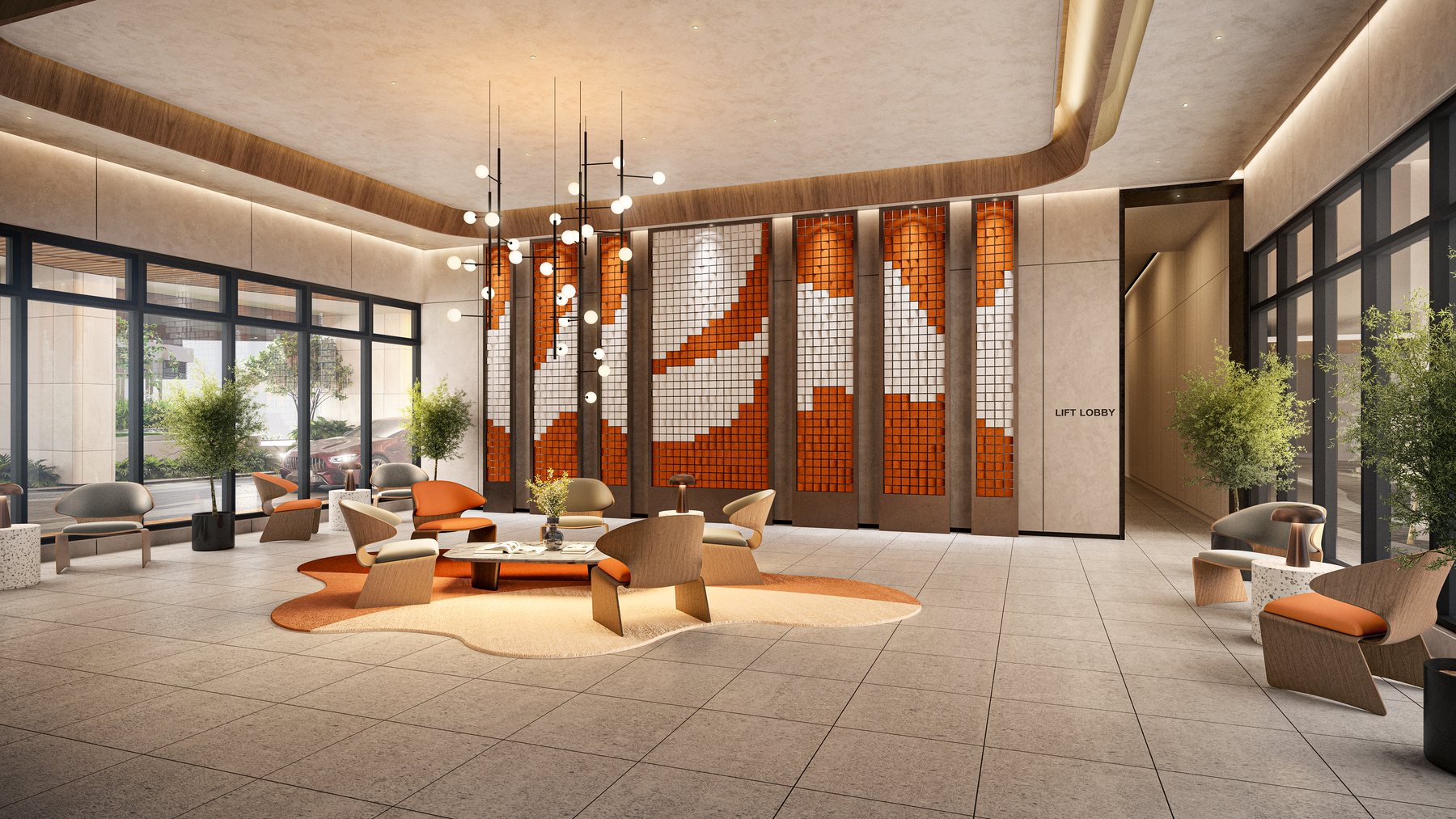 The lobby lounge at Haus on 15, with a terracotta and white mosaic wall and pendant lights. Artist's impression.