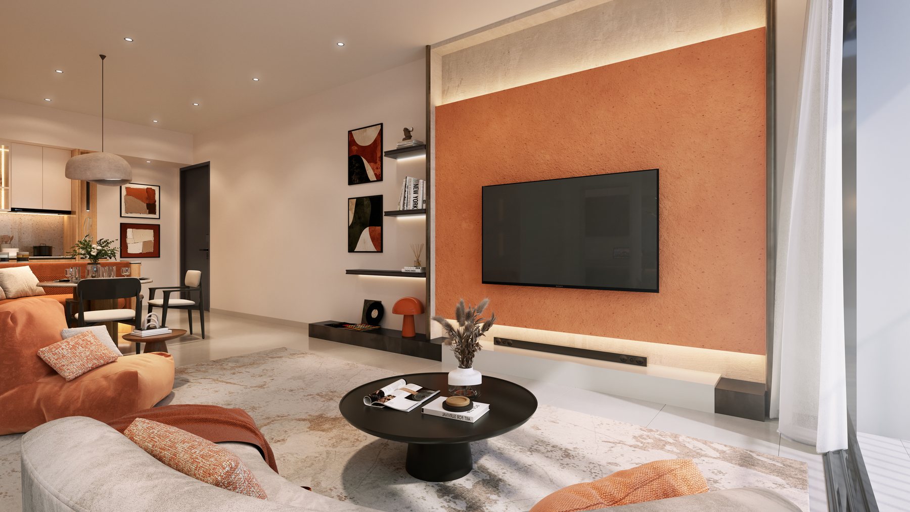 The living and dining room of a Type D home, with a terracotta feature wall. Artist's impression.